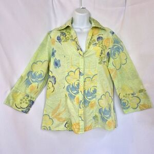 Harve Benard Women's Green Floral Linen Blend Button-down Shirt Sz L